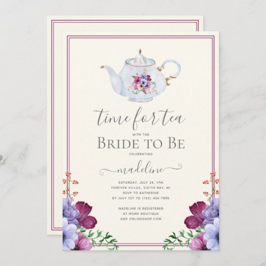 ヴィンテージタイム茶フローラブライダルシャワー 招待状 (正面/裏面)