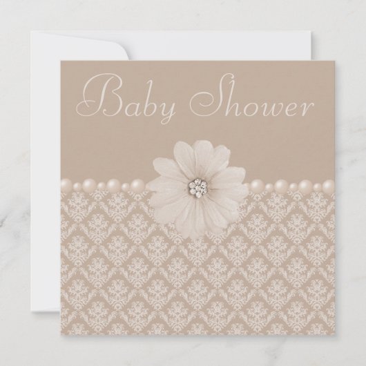 ヴィンテージタウペダマスク、花、真珠のベビーシャワー 招待状 (正面)
