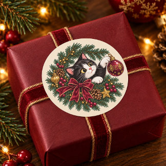 ヴィンテージタキシード猫クリスマスラウンドステッカー ラウンドシール