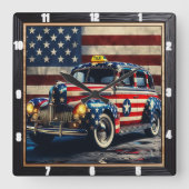 ヴィンテージタクシアメリカ国旗 スクエア壁時計 (正面)