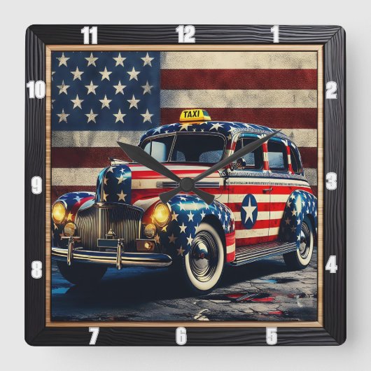 ヴィンテージタクシアメリカ国旗 スクエア壁時計 (正面)