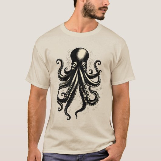 ヴィンテージタコの好奇心旺盛な触角 インクイラスト Tシャツ (正面)