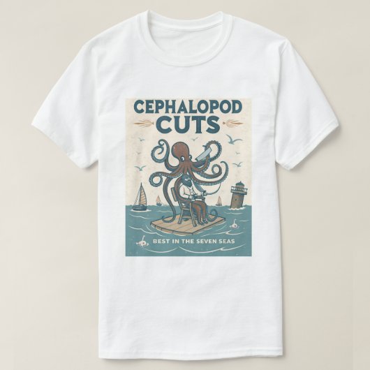ヴィンテージタコ理容師シャツ – 'Cephalopod Cuts' Tシャツ (デザイン正面)