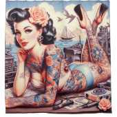 ヴィンテージタトゥオールドスクールガール シャワーカーテン (正面)