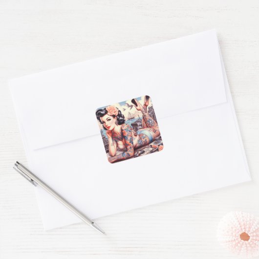 ヴィンテージタトゥオールドスクールガール スクエアシール (封筒)