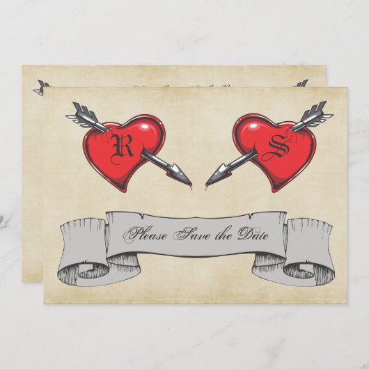 ヴィンテージタトゥーをテーマにした結婚式の日付を保存 招待状 (正面/裏面)