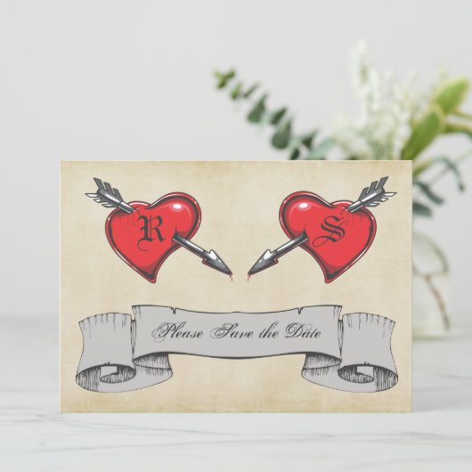 ヴィンテージタトゥーをテーマにした結婚式の日付を保存 招待状 (スタンド正面)