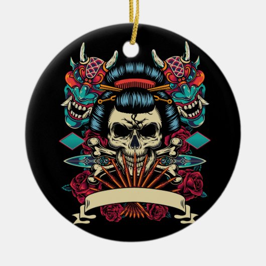 ヴィンテージタトゥースタイルカラフルテンプレート セラミックオーナメント (正面)