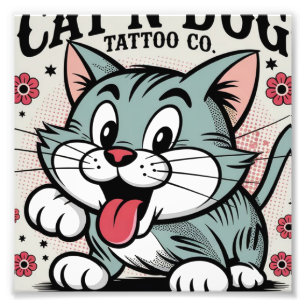 ヴィンテージタトゥースタイル猫イラストレーション フォトプリント           
