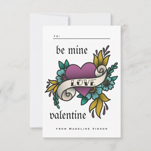 ヴィンテージタトゥースタイル紫色の教室バレンタイン 出欠カード (正面)