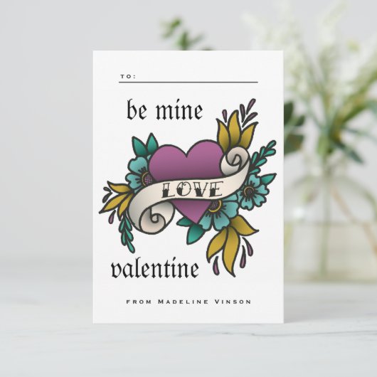 ヴィンテージタトゥースタイル紫色の教室バレンタイン 出欠カード (スタンド正面)