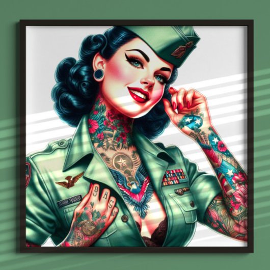 ヴィンテージタトゥー入りの軍人女性 ポスター