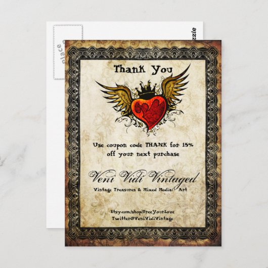 ヴィンテージタトゥー翼ハートありがとうクーポン ポストカード (正面/裏面)