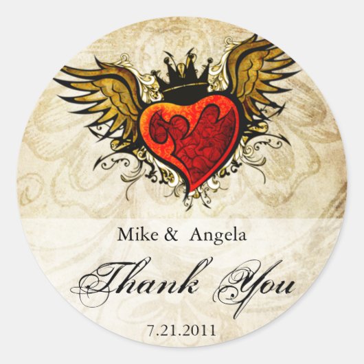 ヴィンテージタトゥー翼ハートありがとうステッカー ラウンドシール (正面)