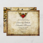 ヴィンテージタトゥー翼ハート結婚式招待状 招待状 (正面/裏面)