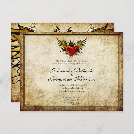 ヴィンテージタトゥー翼ハート結婚式招待状 招待状 (正面/裏面)