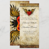 ヴィンテージタトゥー翼付きハート結婚式招待状 招待状 (正面/裏面)