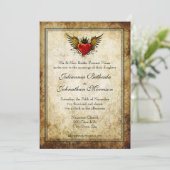 ヴィンテージタトゥー翼付きハート結婚式招待状 招待状 (スタンド正面)