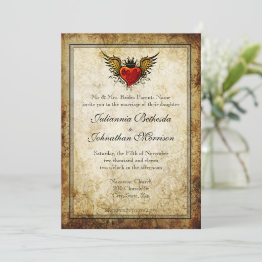 ヴィンテージタトゥー翼付きハート結婚式招待状 招待状 (スタンド正面)