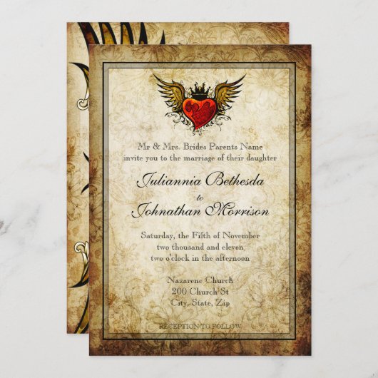 ヴィンテージタトゥー翼付きハート結婚式招待状 招待状 (正面/裏面)