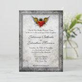 ヴィンテージタトゥー翼付きハート結婚式招待状 招待状 (スタンド正面)