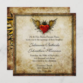ヴィンテージタトゥー翼付きハート結婚式招待状 招待状 (正面/裏面)