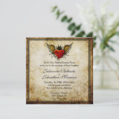 ヴィンテージタトゥー翼付きハート結婚式招待状 招待状 (スタンド正面)