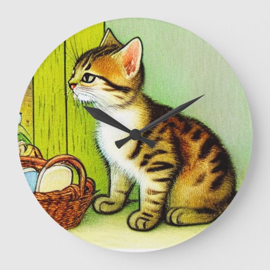 ヴィンテージタビーキャットイラストレーション ラージ壁時計 (正面)