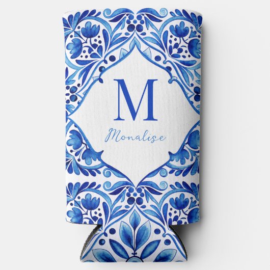 ヴィンテージタラベラアズレジョ青モノグラムの瓦 スリム缶クーラー (正面)