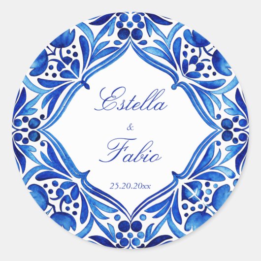 ヴィンテージタラベラアズレホの青いタイルの結婚式 ラウンドシール (正面)
