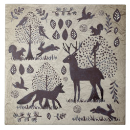 ヴィンテージタングレーウッドランド動物キツネウサギ タイル