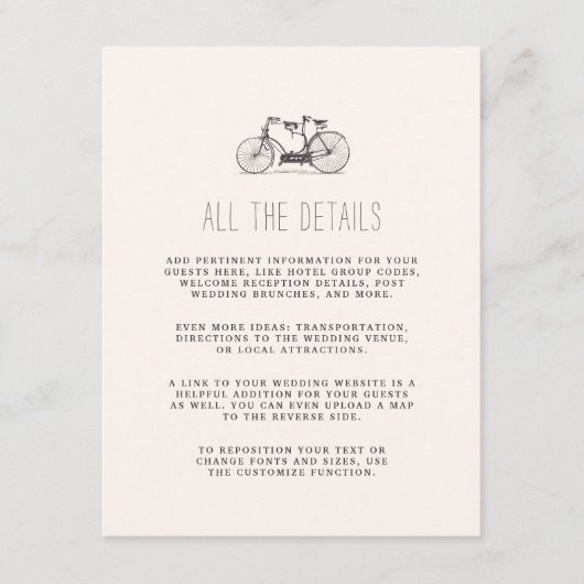 ヴィンテージタンデム結婚自転車のゲスト詳細カード エンクロージャーカード (正面)