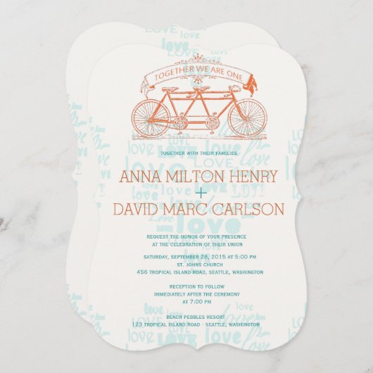 ヴィンテージタンデム自転車ハートタイポグラフィ結婚ズ 招待状 (正面/裏面)