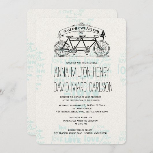 ヴィンテージタンデム自転車ハートタイポグラフィ結婚ズ 招待状 (正面/裏面)