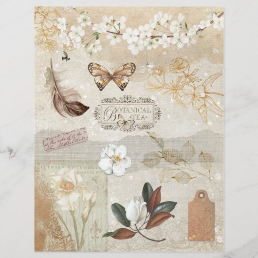 ヴィンテージタンブラウンデコページフローラスクラップブック紙 (正面)