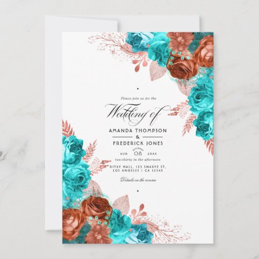 ヴィンテージターコイズとコーラルフローラ結婚ズ 招待状 (正面)