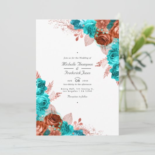 ヴィンテージターコイズとサンゴフローラQRコード結婚s 招待状 (スタンド正面)