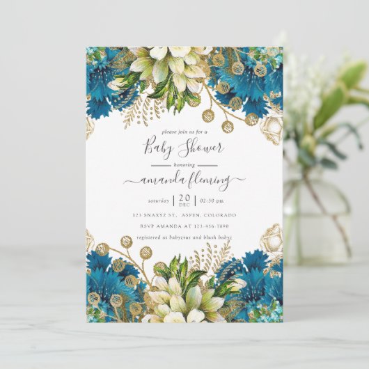 ヴィンテージターコイズと金ゴールドの粗末な赤ちゃんシャワー 招待状 (スタンド正面)