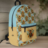 ヴィンテージターコイズと金ゴールドひまわりビーイニシャル プリントバックパック