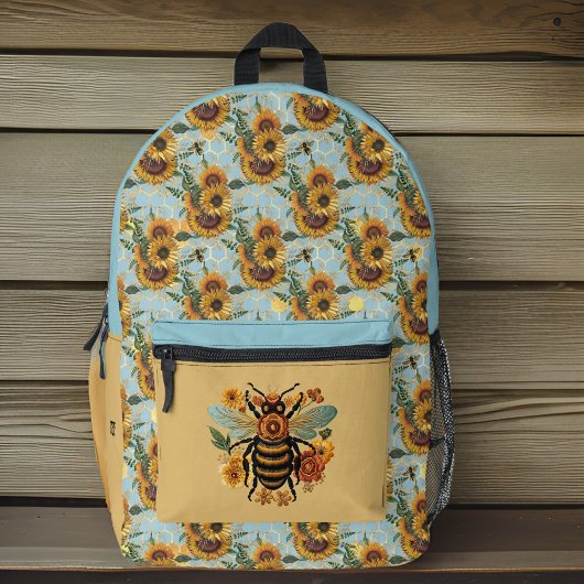 ヴィンテージターコイズと金ゴールドひまわりビーイニシャル プリントバックパック