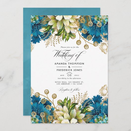 ヴィンテージターコイズと金ゴールドシックフローラ結婚ズ 招待状 (正面/裏面)