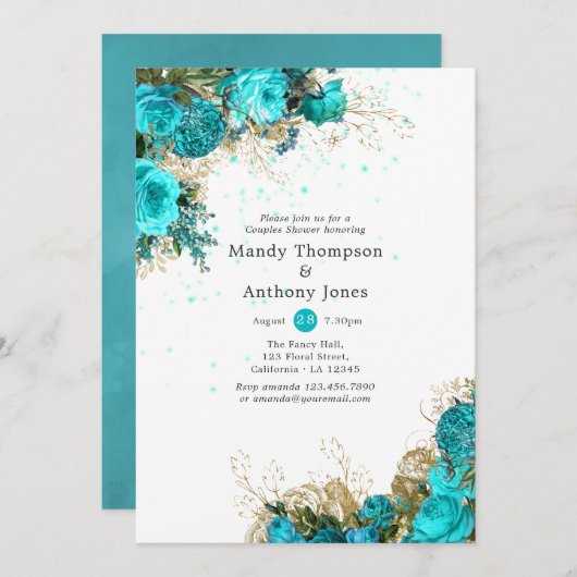 ヴィンテージターコイズと金ゴールドシャビーウェディングシャワー 招待状 (正面/裏面)