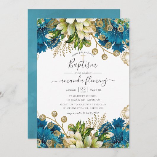 ヴィンテージターコイズと金ゴールドシャビーバプテスマ 招待状 (正面/裏面)