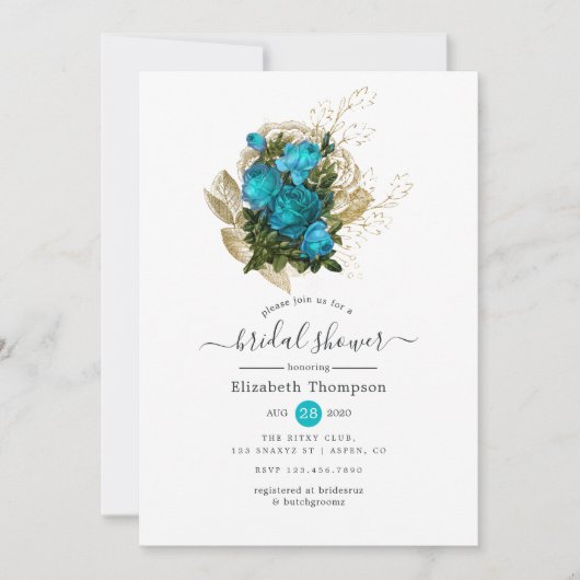 ヴィンテージターコイズと金ゴールドシャビーブライダルシャワー 招待状 (正面)