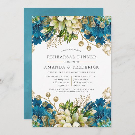 ヴィンテージターコイズと金ゴールドシャビーリハーサルディナー 招待状 (正面/裏面)