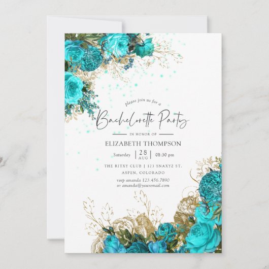 ヴィンテージターコイズと金ゴールドバチェロレッテ 招待状 (正面)