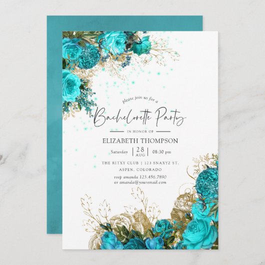 ヴィンテージターコイズと金ゴールドバチェロレッテ 招待状 (正面/裏面)