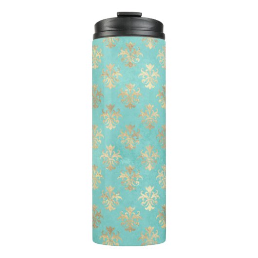 ヴィンテージターコイズと金ゴールドピーコックをテーマにしたダマスク タンブラー (正面)