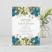 ヴィンテージターコイズと金ゴールドフローラバプテスマ 招待状 (スタンド正面)