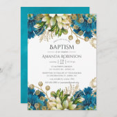 ヴィンテージターコイズと金ゴールドフローラバプテスマ 招待状 (正面/裏面)